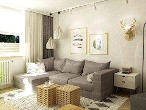 mieszkanie 60m2 w bieli,drewnie i szarości w stylu New Nordic - Średni biały salon, styl nowoczesny - zdjęcie od Grafika i Projekt architektura wnętrz