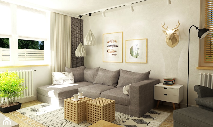 mieszkanie 60m2 w bieli,drewnie i szarości w stylu New Nordic - Średni biały salon, styl nowoczesny - zdjęcie od Grafika i Projekt architektura wnętrz