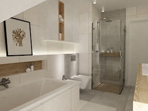 łazienki w stylu skandynawskim - Średnia na poddaszu z dwoma umywalkami z punktowym oświetleniem łazienka, styl nowoczesny - zdjęcie od Grafika i Projekt architektura wnętrz
