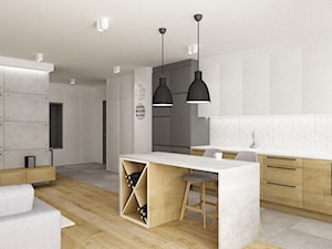 mieszkanie 80m2 metamorfoza - Średnia otwarta z salonem z kamiennym blatem biała z zabudowaną lodówką kuchnia jednorzędowa z wyspą lub półwyspem, styl industrialny - zdjęcie od Grafika i Projekt architektura wnętrz