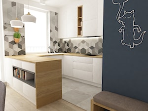 mieszkanie 68m2 w stylu duńskim - Mała z salonem biała szara z podblatowym zlewozmywakiem kuchnia w kształcie litery u z wyspą lub półwyspem, styl skandynawski - zdjęcie od Grafika i Projekt architektura wnętrz