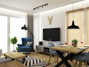 mieszkanie 75m2 słuzew - Mały szary salon z jadalnią, styl skandynawski - zdjęcie od Grafika i Projekt architektura wnętrz