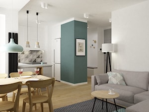 mieszkanie minimalistyczne 2 pokojowe - Średni biały szary salon z kuchnią z jadalnią, styl minimalistyczny - zdjęcie od Grafika i Projekt architektura wnętrz