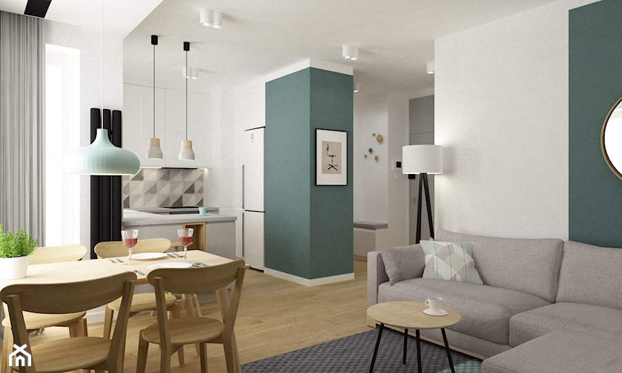 mieszkanie minimalistyczne 2 pokojowe - Średni biały szary salon z kuchnią z jadalnią, styl minimalistyczny - zdjęcie od Grafika i Projekt architektura wnętrz