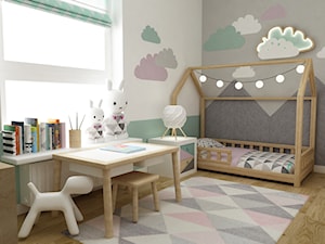 mieszkanie z miętą 80m2 - Mały biały miętowy szary pokój dziecka dla dziecka dla dziewczynki, styl skandynawski - zdjęcie od Grafika i Projekt architektura wnętrz
