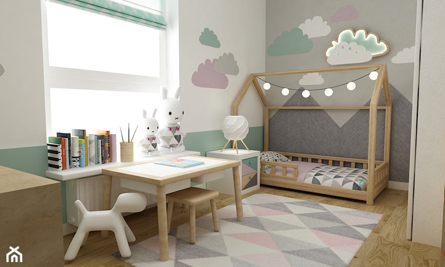 mieszkanie z miętą 80m2 - Mały biały miętowy szary pokój dziecka dla dziecka dla dziewczynki, styl skandynawski - zdjęcie od Grafika i Projekt architektura wnętrz