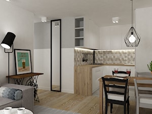 mieszkanie 38 m2 metamorfoza - Mała otwarta z salonem beżowa biała z zabudowaną lodówką kuchnia w kształcie litery l, styl skandynawski - zdjęcie od Grafika i Projekt architektura wnętrz