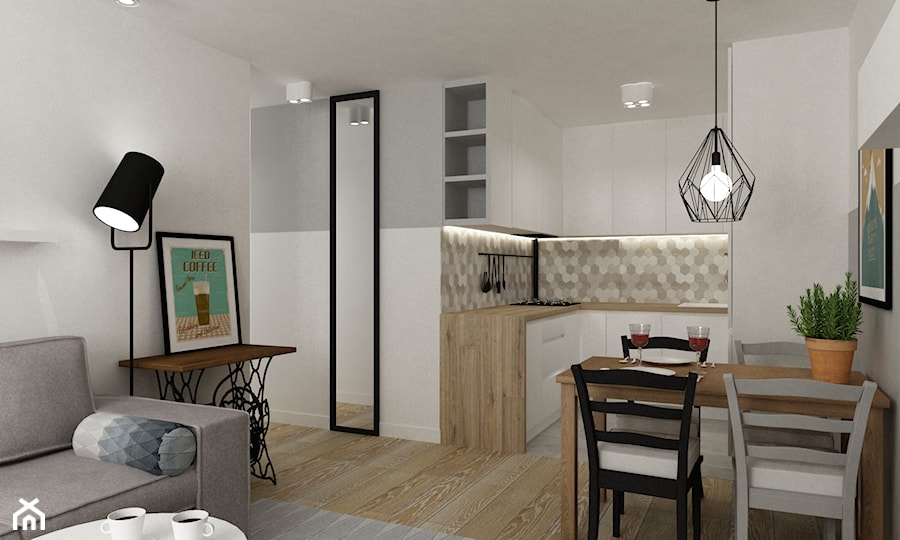mieszkanie 38 m2 metamorfoza - Mała otwarta z salonem beżowa biała z zabudowaną lodówką kuchnia w kształcie litery l, styl skandynawski - zdjęcie od Grafika i Projekt architektura wnętrz