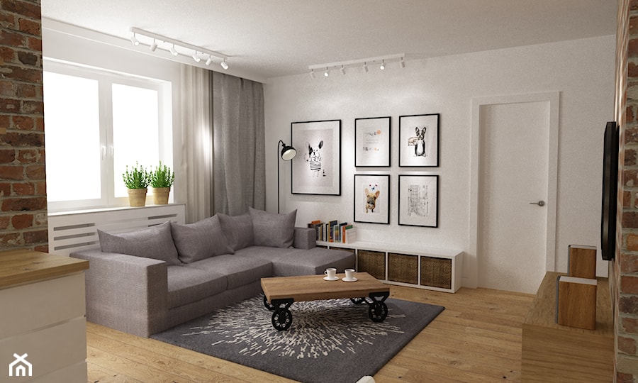 mieszkanie jasne w stylu nowoczesnym/skandynawskim 60m2 - Mały biały salon z bibiloteczką, styl skandynawski - zdjęcie od Grafika i Projekt architektura wnętrz