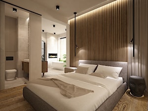 dom 160m2 industrialny - Duża beżowa biała sypialnia z łazienką, styl industrialny - zdjęcie od Grafika i Projekt architektura wnętrz