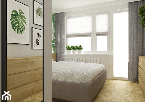 mieszkanie mokotów 80m2 w stylu urban jungle 2 - Średnia biała szara sypialnia z balkonem / tarasem, styl skandynawski - zdjęcie od Grafika i Projekt architektura wnętrz