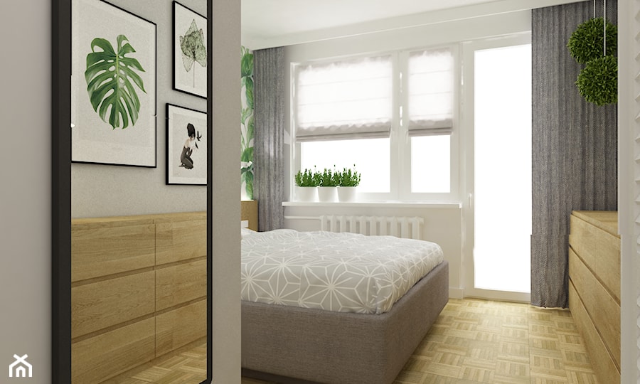 mieszkanie mokotów 80m2 w stylu urban jungle 2 - Średnia biała szara sypialnia z balkonem / tarasem, styl skandynawski - zdjęcie od Grafika i Projekt architektura wnętrz