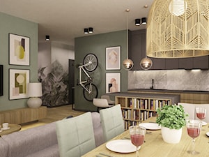 mieszkanie 90m2 z rowerem - Średni zielony salon z kuchnią z jadalnią z bibiloteczką, styl nowoczes ... - zdjęcie od Grafika i Projekt architektura wnętrz