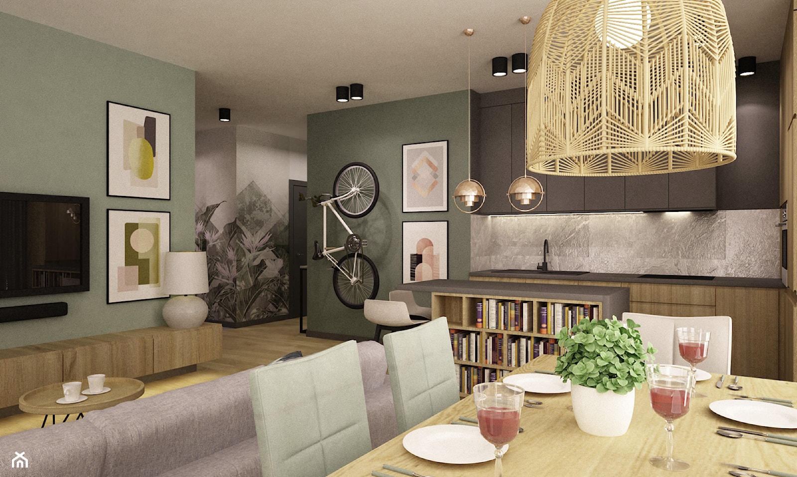 mieszkanie 90m2 z rowerem - Średni zielony salon z kuchnią z jadalnią z bibiloteczką, styl nowoczes ... - zdjęcie od Grafika i Projekt architektura wnętrz - Homebook