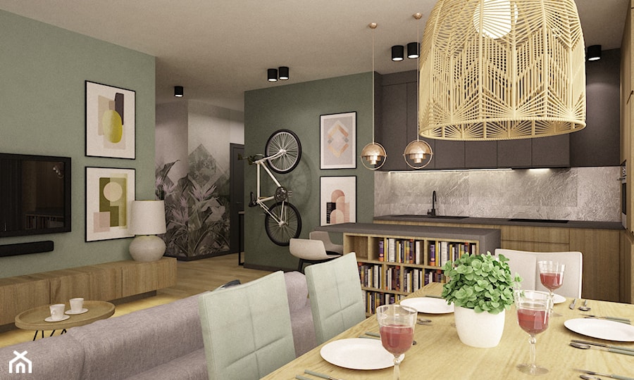 mieszkanie 90m2 z rowerem - Średni zielony salon z kuchnią z jadalnią z bibiloteczką, styl nowoczesny - zdjęcie od Grafika i Projekt architektura wnętrz