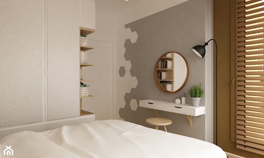 mieszkanie na ochocie 50m2 kolor biel,szarość,dąb - Mała biała szara sypialnia, styl nowoczesny - zdjęcie od Grafika i Projekt architektura wnętrz
