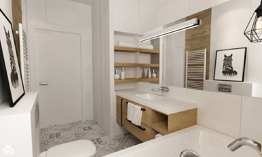 łazienki w stylu skandynawskim - Średnia na poddaszu bez okna łazienka, styl skandynawski - zdjęcie od Grafika i Projekt architektura wnętrz