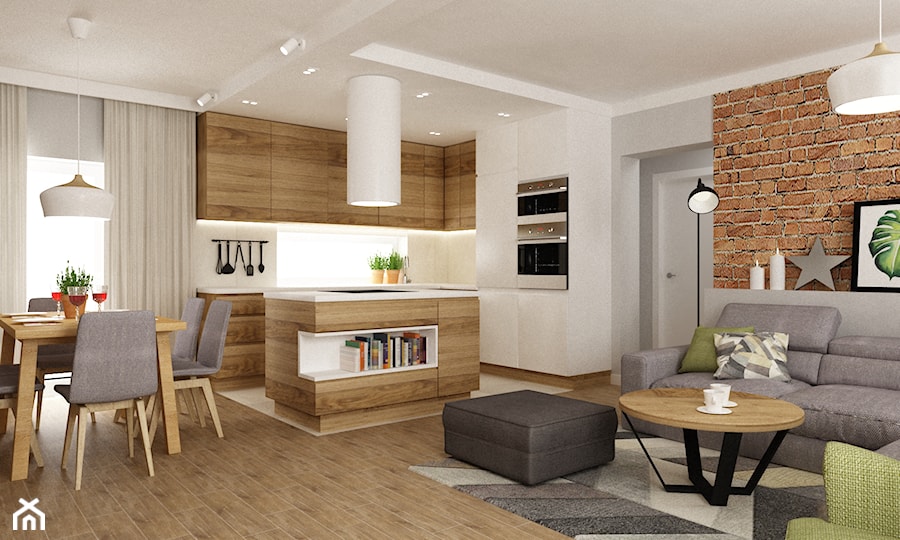 dom ok 100m2 metamorfoza - Średni biały brązowy salon z kuchnią z jadalnią, styl nowoczesny - zdjęcie od Grafika i Projekt architektura wnętrz