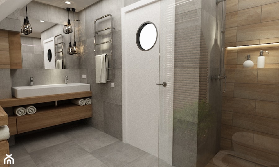 Dom Falenica 150 m2 styl nowoczesny - Średnia bez okna z dwoma umywalkami z punktowym oświetleniem łazienka, styl nowoczesny - zdjęcie od Grafika i Projekt architektura wnętrz