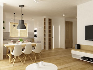 Projekt mieszkania 90m2 ochota - Średnia beżowa jadalnia w salonie w kuchni, styl nowoczesny - zdjęcie od Grafika i Projekt architektura wnętrz