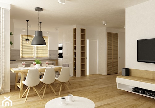 Projekt mieszkania 90m2 ochota - Średnia beżowa jadalnia w salonie w kuchni, styl nowoczesny - zdjęcie od Grafika i Projekt architektura wnętrz