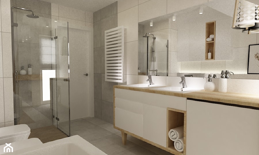 łazienki w stylu skandynawskim - Średnia z dwoma umywalkami z punktowym oświetleniem łazienka, styl nowoczesny - zdjęcie od Grafika i Projekt architektura wnętrz