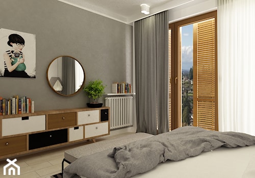 sypialnie nowoczesne - Średnia szara sypialnia z balkonem / tarasem, styl minimalistyczny - zdjęcie od Grafika i Projekt architektura wnętrz