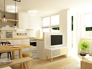 mieszkanie 60m2 w bieli,drewnie i szarości w stylu New Nordic - Duża otwarta biała szara z zabudowaną lodówką z lodówką wolnostojącą kuchnia jednorzędowa, styl skandynawski - zdjęcie od Grafika i Projekt architektura wnętrz