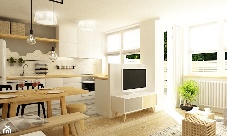 mieszkanie 60m2 w bieli,drewnie i szarości w stylu New Nordic - Duża otwarta biała szara z zabudowaną lodówką z lodówką wolnostojącą kuchnia jednorzędowa, styl skandynawski - zdjęcie od Grafika i Projekt architektura wnętrz