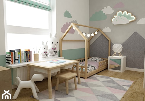 mieszkanie z miętą 80m2 - Mały biały różowy szary zielony pokój dziecka dla dziecka dla dziewczynki, styl skandynawski - zdjęcie od Grafika i Projekt architektura wnętrz