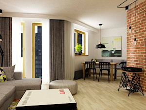 Apartament w Warszawie 90 m2 starzona cegła styl industrialny loft - Salon, styl industrialny - zdjęcie od Grafika i Projekt architektura wnętrz