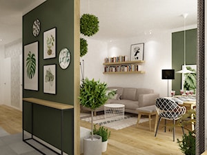 mieszkanie 70m2 w stylu urban jungle - Średni biały zielony salon z jadalnią, styl skandynawski - zdjęcie od Grafika i Projekt architektura wnętrz