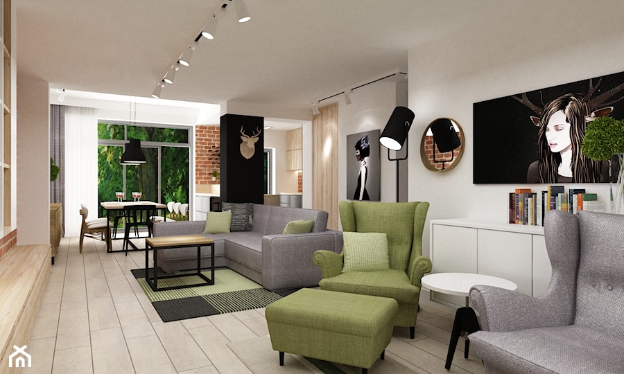 Zdalny Projekt domu w UK w trakcie realizacji - Duży biały salon z kuchnią z jadalnią, styl industrialny - zdjęcie od Grafika i Projekt architektura wnętrz