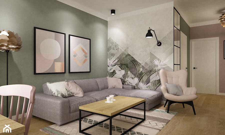 mieszkanie 70m2 z dekorem brudnego różu,zieleni i czerni - Salon, styl nowoczesny - zdjęcie od Grafika i Projekt architektura wnętrz