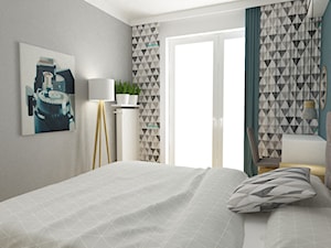 mieszkanie minimalistyczne 2 pokojowe - Średnia niebieska szara z biurkiem sypialnia z balkonem / tarasem, styl minimalistyczny - zdjęcie od Grafika i Projekt architektura wnętrz