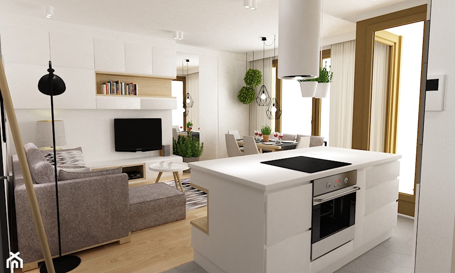 mieszkanie na ochocie 50m2 kolor biel,szarość,dąb - Kuchnia z wyspą lub półwyspem, styl skandynawski - zdjęcie od Grafika i Projekt architektura wnętrz
