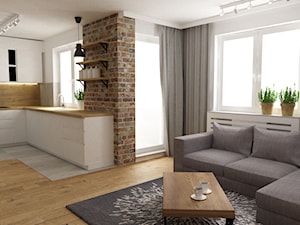 mieszkanie jasne w stylu nowoczesnym/skandynawskim 60m2 - Średni biały salon z kuchnią z tarasem / balkonem, styl skandynawski - zdjęcie od Grafika i Projekt architektura wnętrz