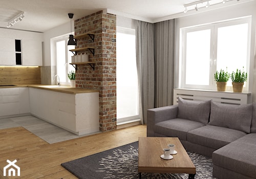 mieszkanie jasne w stylu nowoczesnym/skandynawskim 60m2 - Średni biały salon z kuchnią z tarasem / balkonem, styl skandynawski - zdjęcie od Grafika i Projekt architektura wnętrz