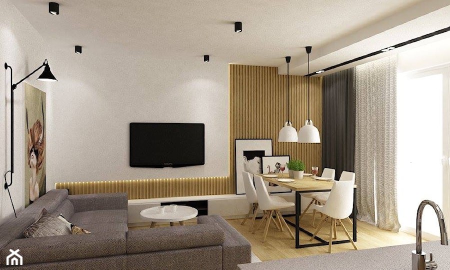 mieszkanie wersja grafitowa - Średni beżowy biały salon z jadalnią, styl nowoczesny - zdjęcie od Grafika i Projekt architektura wnętrz