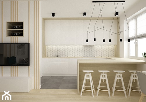 mieszkanie kolor jesion 90m2 - Duża otwarta biała z zabudowaną lodówką kuchnia w kształcie litery g z oknem, styl nowoczesny - zdjęcie od Grafika i Projekt architektura wnętrz
