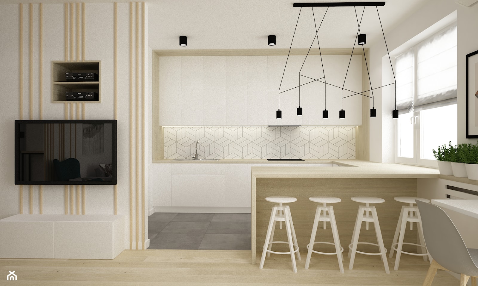 mieszkanie kolor jesion 90m2 - Duża otwarta biała z zabudowaną lodówką kuchnia w kształcie litery g z oknem, styl nowoczesny - zdjęcie od Grafika i Projekt architektura wnętrz - Homebook