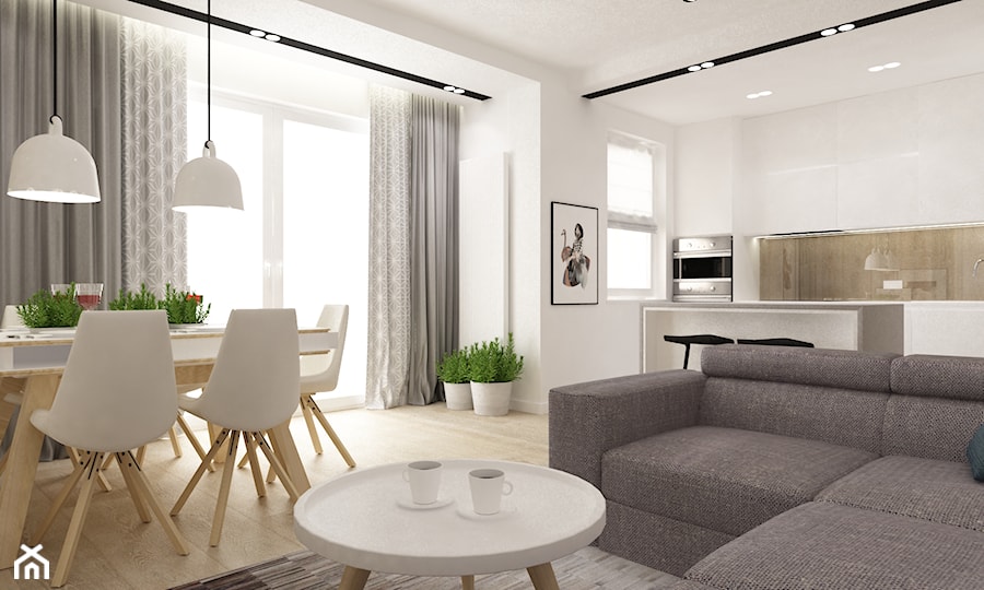 mieszkanie w bieli - Średnia biała jadalnia w salonie w kuchni, styl minimalistyczny - zdjęcie od Grafika i Projekt architektura wnętrz