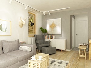 mieszkanie 60m2 w bieli,drewnie i szarości w stylu New Nordic - Średni biały szary salon z jadalnią, styl skandynawski - zdjęcie od Grafika i Projekt architektura wnętrz