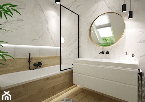 dom pod warszawą 200m2 - Średnia na poddaszu z punktowym oświetleniem łazienka z oknem, styl skandynawski - zdjęcie od Grafika i Projekt architektura wnętrz