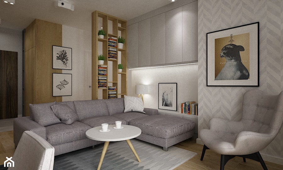 mieszkanie 70m2 w szarosciach - Średni biały szary salon z bibiloteczką, styl nowoczesny - zdjęcie od Grafika i Projekt architektura wnętrz