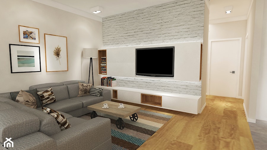 apartament mokotów - Średni beżowy biały salon, styl skandynawski - zdjęcie od Grafika i Projekt architektura wnętrz