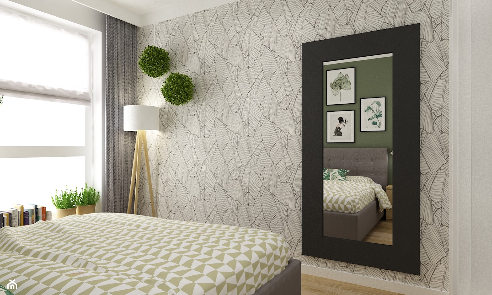 mieszkanie 70m2 w stylu urban jungle - Mała biała zielona sypialnia, styl skandynawski - zdjęcie od Grafika i Projekt architektura wnętrz - Homebook