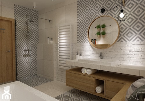 łazienki w stylu skandynawskim - Duża z punktowym oświetleniem łazienka, styl skandynawski - zdjęcie od Grafika i Projekt architektura wnętrz