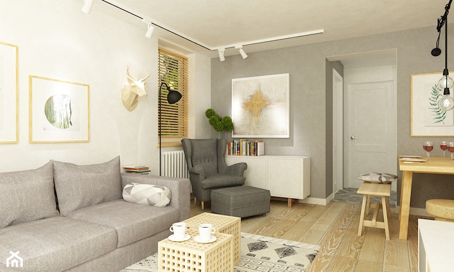 mieszkanie 60m2 w bieli,drewnie i szarości w stylu New Nordic - Średni biały szary salon z jadalnią, styl skandynawski - zdjęcie od Grafika i Projekt architektura wnętrz