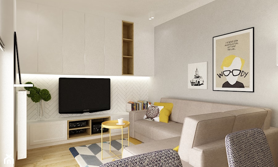 mieszkanie na wawrze 54m2 - Średni beżowy biały salon z jadalnią, styl skandynawski - zdjęcie od Grafika i Projekt architektura wnętrz
